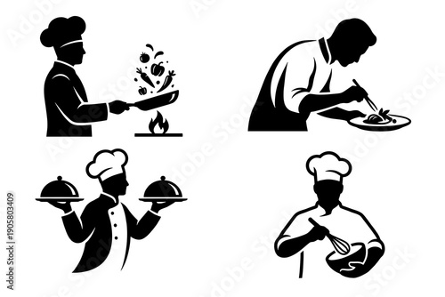 Collection of black culinary silhouettes featuring male chefs preparing meals tossing ingredients plating dishes serving food and mixing batter