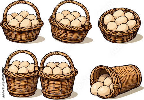 set of wicker baskets with chicken eggs inside in different perspectives and shapes, icons for thematic patterns, packaging or stickers
