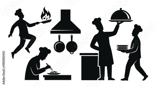 Collection of black silhouettes featuring restaurant staff preparing meals serving dishes and working in professional kitchen environment with equipment