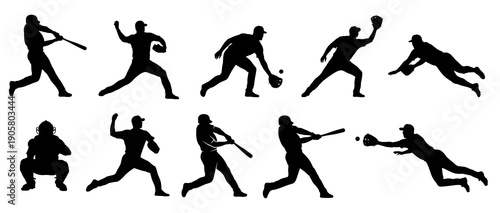 Collection of black baseball player silhouettes showing different game movements including hitting throwing fielding and sliding for sports design