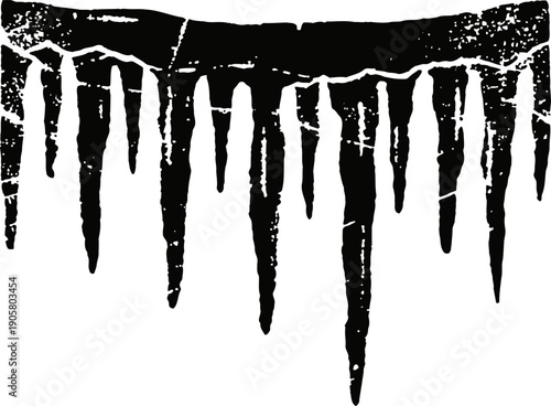 Black grunge icicles silhouette with weathered texture and cracked edges design element