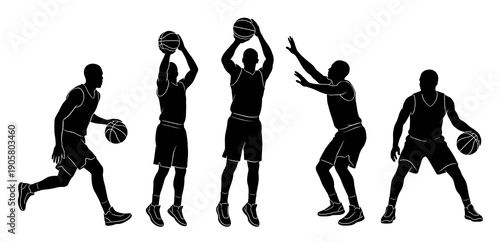 Collection of black basketball player silhouettes performing different sports movements including ball handling jump shots and defensive stances competition