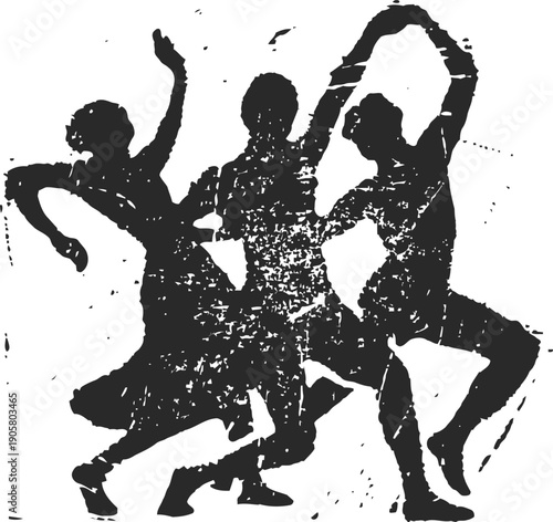 Dancing silhouettes of three people in dynamic poses with textured vintage effect