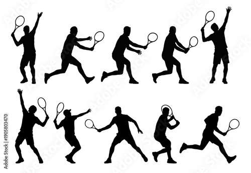 Set of black silhouettes depicting male tennis players in action performing serves volleys and groundstrokes during a match