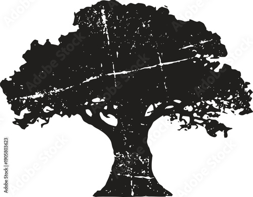 vintage silhouette of a large oak tree with textured distressed effect