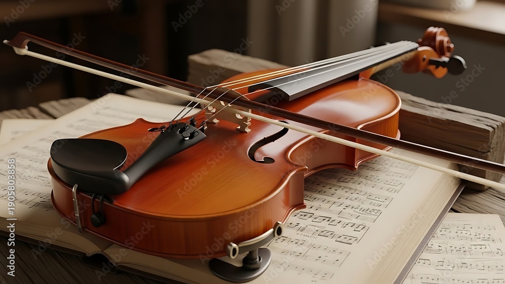 Fototapeta premium Violin and bow on sheet music.