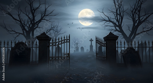 Eerie moonlit cemetery entrance with fog and bare trees