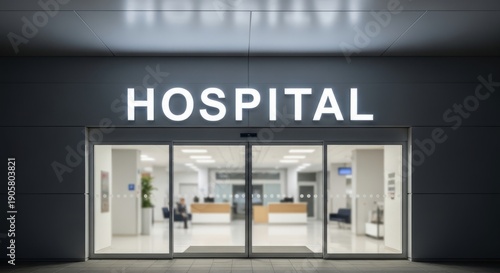 Ultra high resolution professional editorial photograph of a modern hospital main entrance at night with bold white HOSPITAL sign, automatic sliding glass doors, and minimal architecture