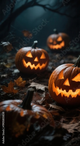 Glowing pumpkins in dark halloween night