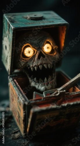 Eerie skeleton in vintage box with glowing eyes