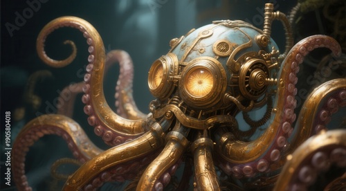 Steampunk octopus with mechanical tentacles in detailed fantasy