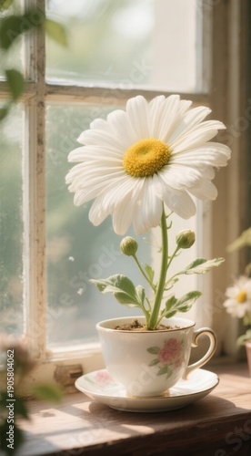 Daisy blooming in teacup sunny window