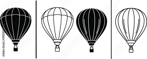 Four distinct hot air balloons depicted in a black and white illustration