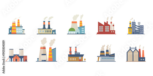 Industrial Factory Building Icons Set  Manufacturing Plant, Power Station & Warehouse Vector Illustration