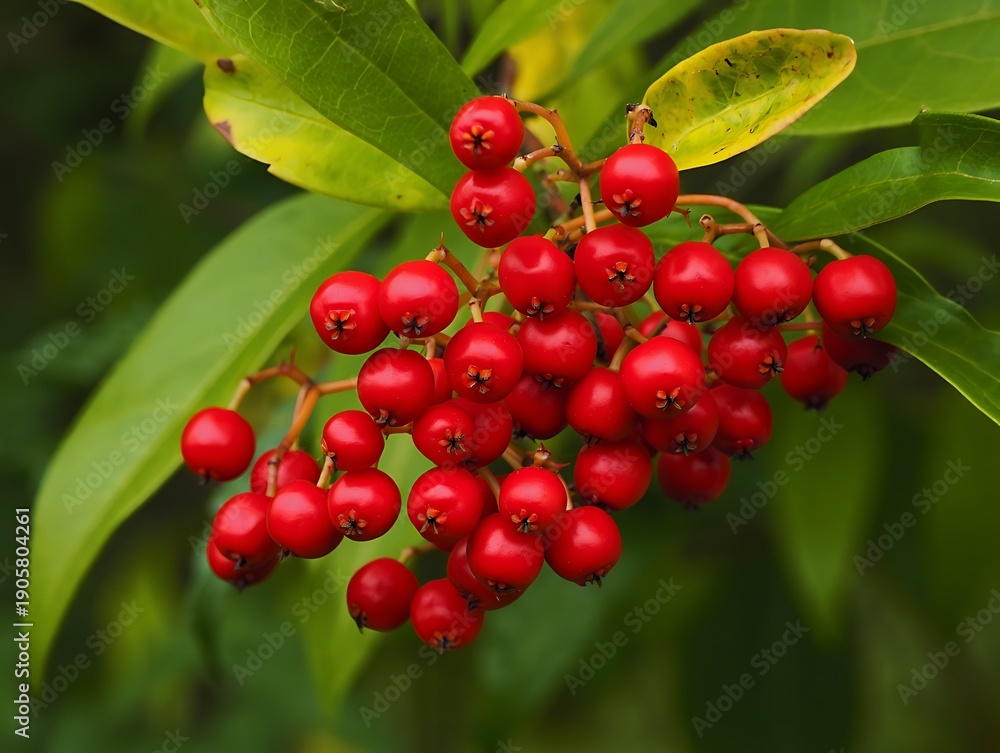 Fototapeta premium Vibrant Red Berries on Green Leaves in Nature Closeup