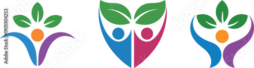Vibrant eco friendly logos with leaves and human elements