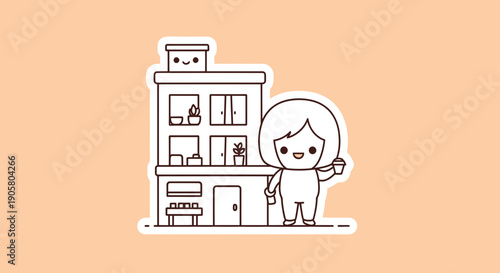 Charming cartoon depiction: girl with beverage and quirky building featuring face element