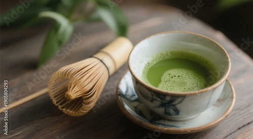 Matcha tea ceremony essentials on wooden table