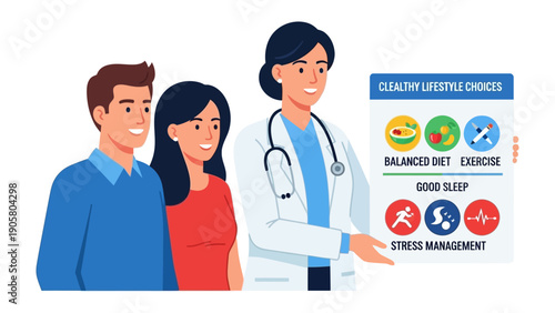 Healthy Lifestyle Choices: A healthcare professional guides a couple through the pillars of healthy living, emphasizing balanced diet, exercise, good sleep, and stress management