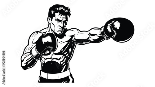 A boxer in mid-punch with boxing gloves and a protective vest Vector