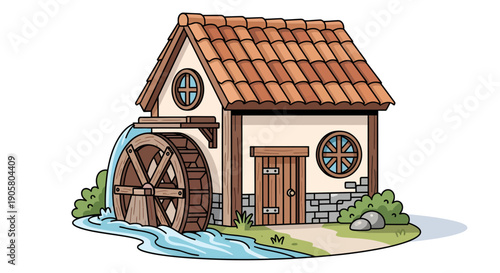 Charming vintage watermill illustration set against a neutral backdrop of serenity and peace