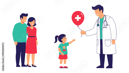 Child's Health Checkup: A kind doctor offers a cheerful child a red balloon with a medical symbol while her parents look on, representing care, health and trust.