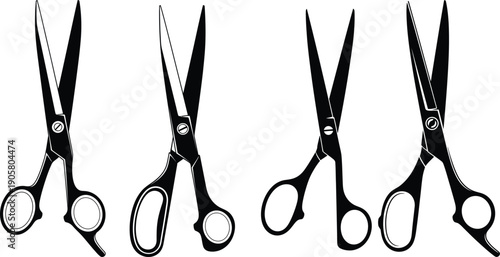 Four pairs of scissors with different handle designs arranged in a row