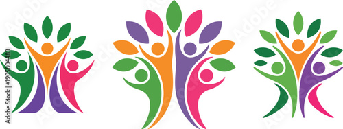 Colorful tree logos symbolizing unity and growth