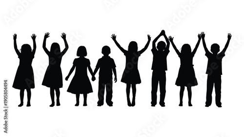 Group of diverse children standing together with raised arms in silhouette Vector