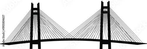Cable-stayed bridge silhouette, civil engineering design, architectural landmark, structural support vector, modern infrastructure artwork, flat vector illustration, transportation concept icon