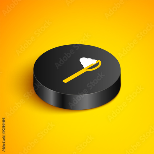Isometric line Caviar on a spoon icon isolated on yellow background. Black circle button. Vector
