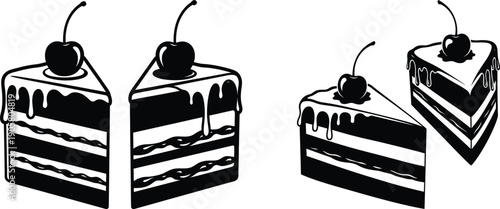 Four slices of chocolate cake with cherries on top