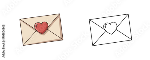 Envelope with red heart wax seal icon alongside black and white line art version on white background simple cartoon style for romantic correspondence and wedding invitations