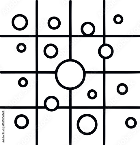 Abstract geometric pattern with circles of varying sizes within a grid structure