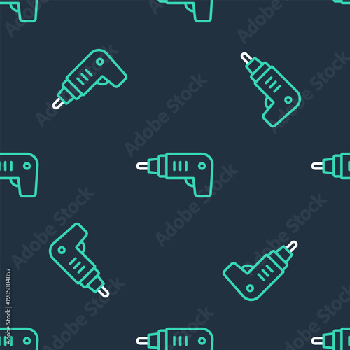 Line Electric cordless screwdriver icon isolated seamless pattern on black background. Electric drill machine. Repair tool. Vector
