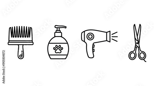 Grooming tools for pet care including brush, shampoo, dryer, and scissors Vector