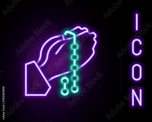 Glowing neon line Hands in praying position with rosary icon isolated on black background. Praying hand islam muslim religion spirituality religious. Colorful outline concept. Vector