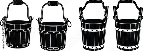 Four wooden buckets with handles and lids displayed in a row