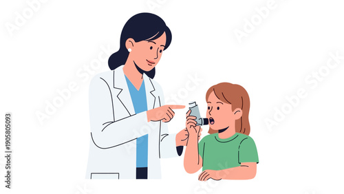 Asthma Treatment Illustration: A compassionate doctor guides a young patient through the proper use of an inhaler, representing hope and healing for those with respiratory conditions.