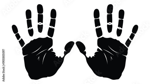 A black and white image of two hands with unique fingerprints facing each other. Vector