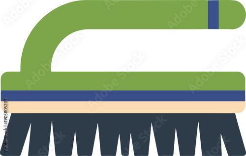 A minimalist icon of a green scrubbing brush with blue and beige stripes, clean
