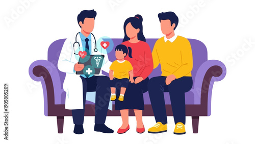 Family Consultation: A caring physician consults with a family, fostering trust and well-being as they review medical insights together. This illustration embodies health and family values.