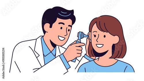 Ear Examination: A healthcare professional examines a patient's ear, using an otoscope to diagnose and provide care in a clinic.