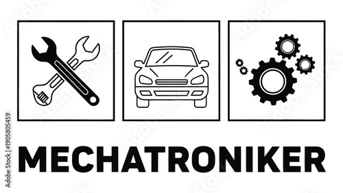 Mechatroniker logo featuring tools, car, and mechanical components Vector