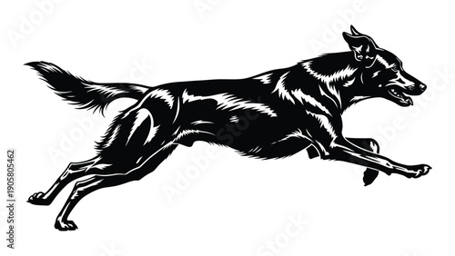 Black and white illustration of a dog running with a focused expression Vector