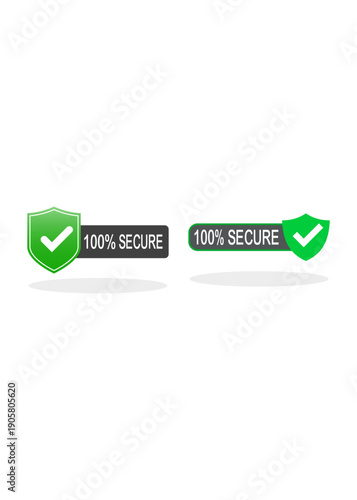 Set of green shield icons with checkmarks and dark banners displaying a secure guarantee for websites and digital transactions.