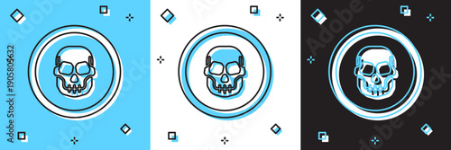 Set Mexican skull coin icon isolated on blue and white, black background. Vector