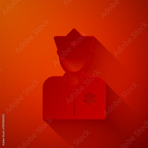 Paper cut Police officer icon isolated on red background. Paper art style. Vector