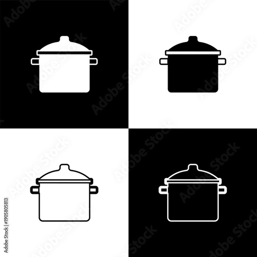 Set Cooking pot icon isolated on black and white background. Boil or stew food symbol. Vector