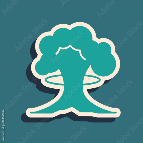 Green Nuclear explosion icon isolated on green background. Atomic bomb. Symbol of nuclear war, end of world. Long shadow style. Vector